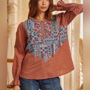 Savanna Jane Terracotta Blouse with Blue and Red Embroidery